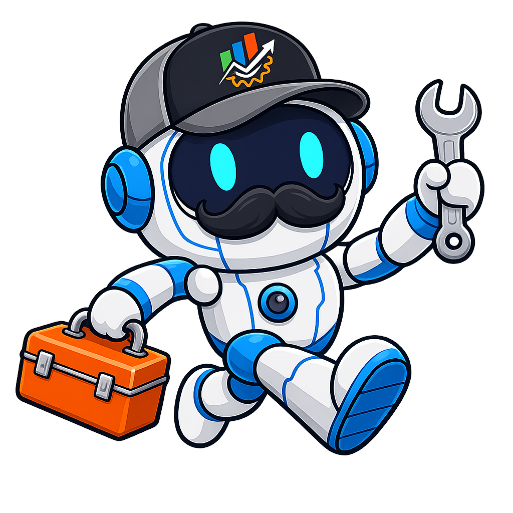 The Marketer's Toolkit Robot running with wrench and toolbox